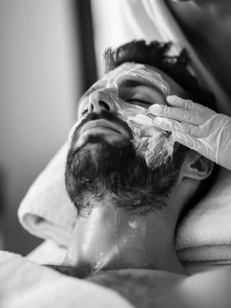 A bearded man lying down with his eyes closed receives a facial treatment; a gloved hand applies a mask or cream to his face. The image is in black and white.