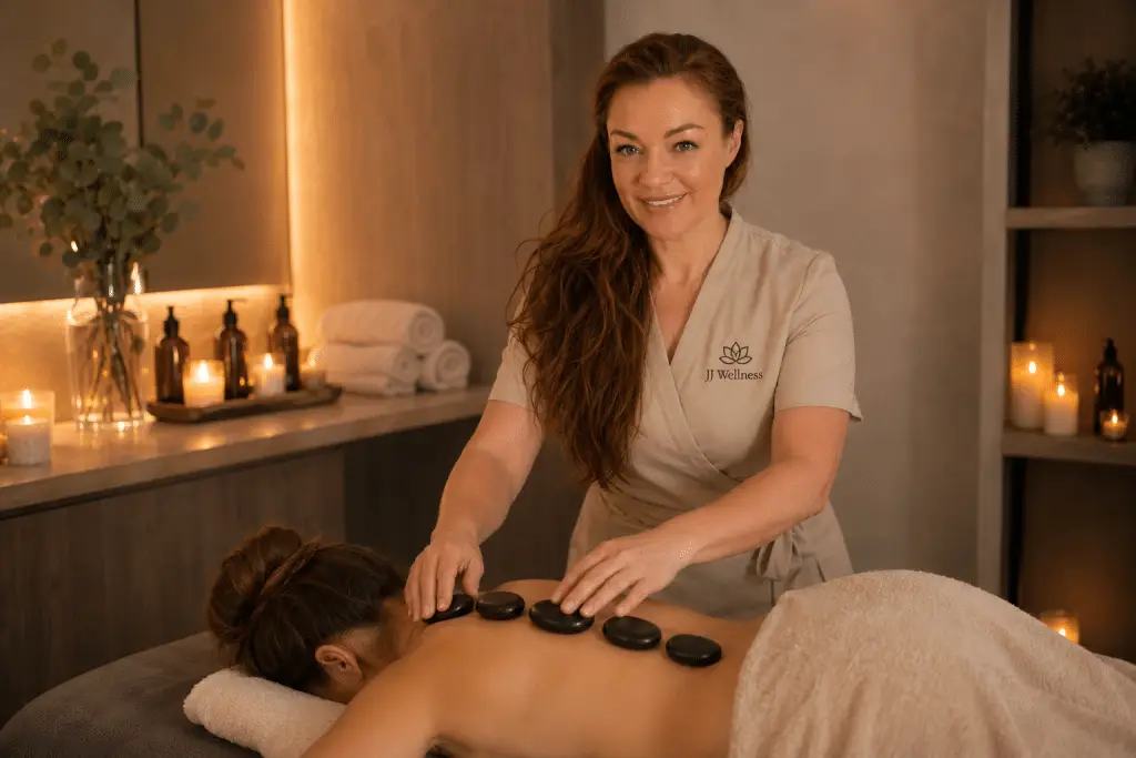 Spa therapist performing hot stone massage
