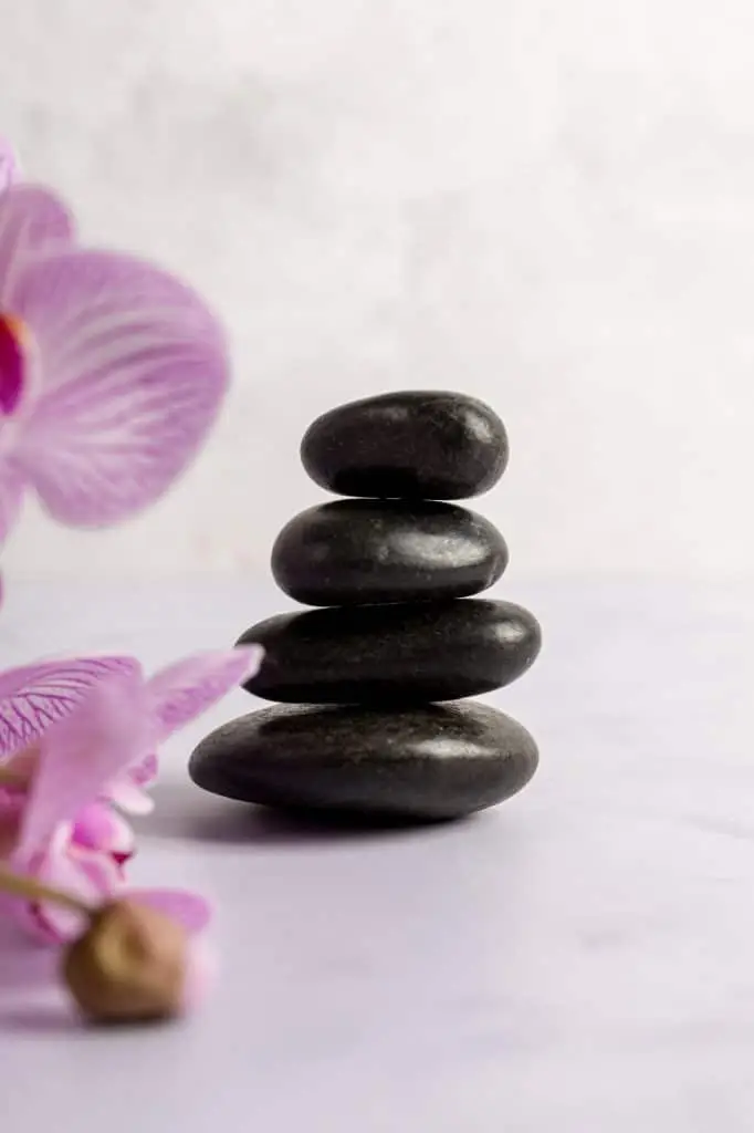 Stacked stones beside pink flowers.