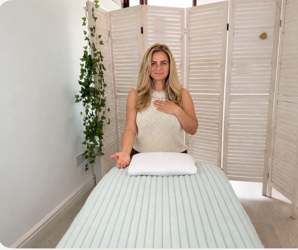 A woman with long blonde hair sits behind a massage table covered with a light blue blanket and a white pillow. She rests one hand on her chest and the other on her lap. A folding screen and a hanging plant are in the background.